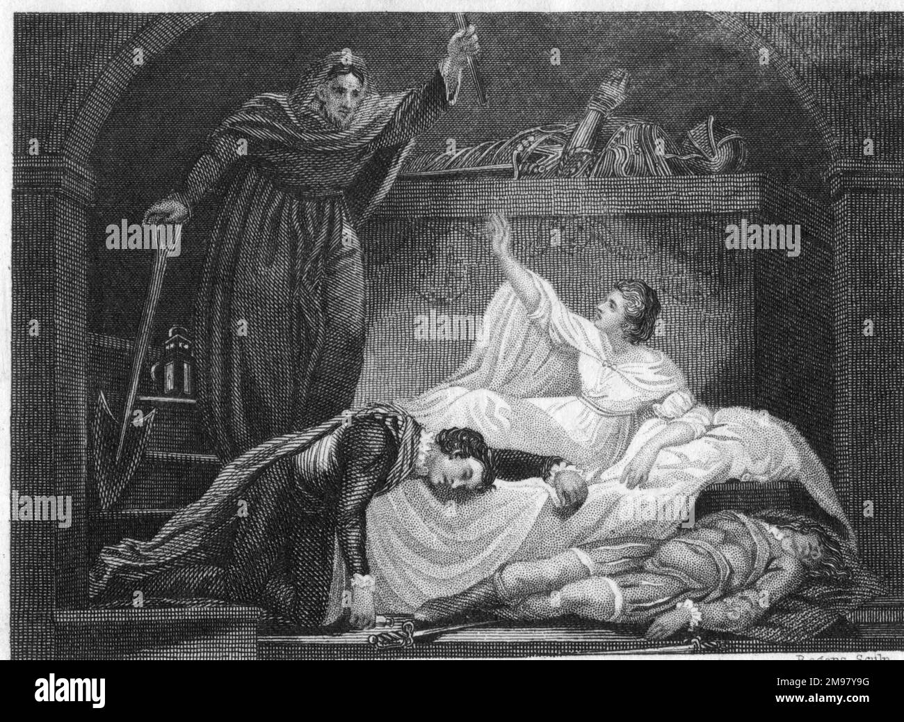 Romeo, Julia und Paris im Grab, entdeckt von Bruder Laurence am Ende von Shakespeares Stück. Stockfoto