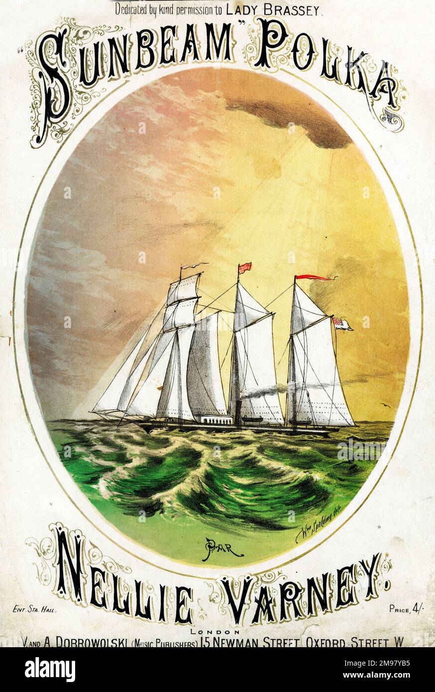 Musikcover Sunbeam Polka von Nellie Varney, gewidmet Lady Brassey (Anna Brassey), die ein beliebtes Reisebuch mit dem Titel A Voyage in the Sunbeam schrieb. Stockfoto