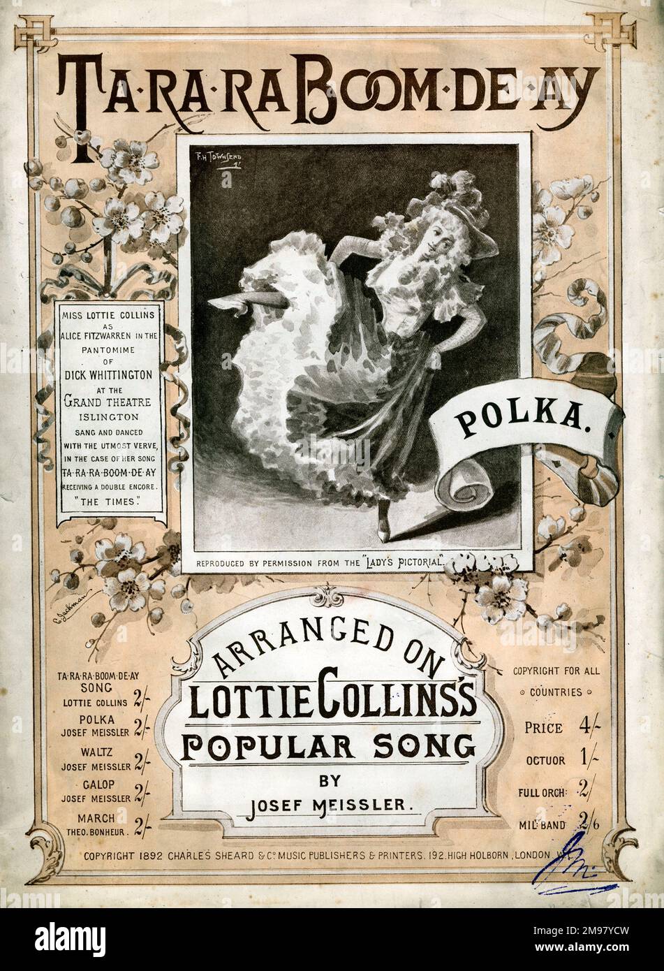 Titelseite, Ta-Ra-Ra Boom-De-Ay Polka, organisiert von Josef Meissler über Lottie Collins beliebtes Lied. Stockfoto