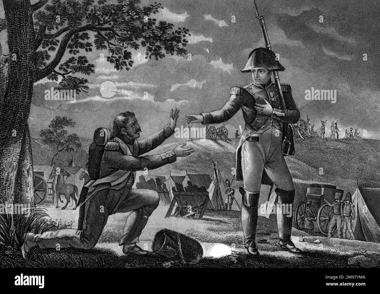 Napoleon zeigt einem Soldaten Großzügigkeit. Stockfoto