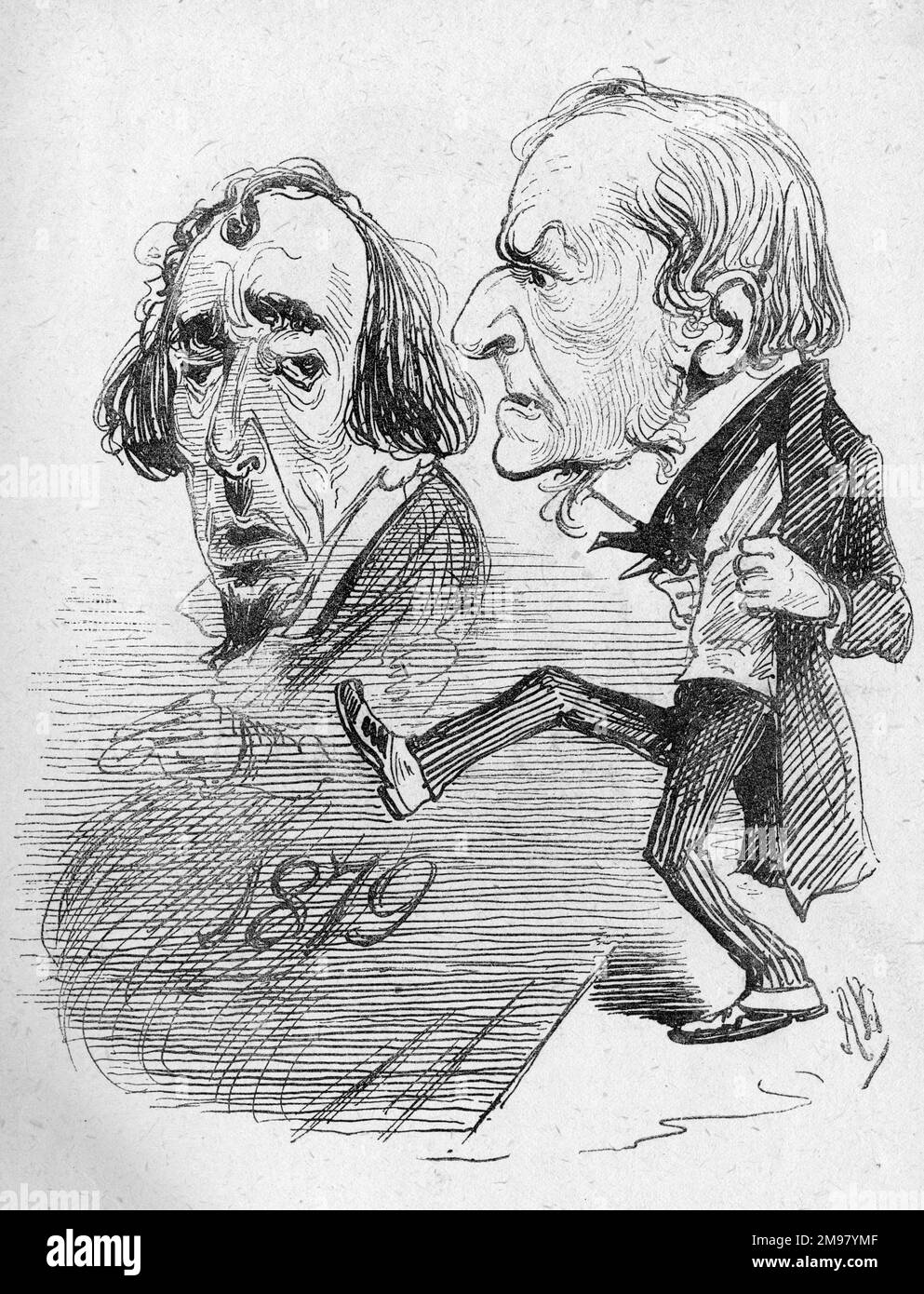 Cartoon, wie das neue Jahr in Westminster hätte gehalten werden sollen. Die Darstellung des liberalen Führers Gladstone, der den Tory-Führer Disraeli rausschmeißt. Stockfoto