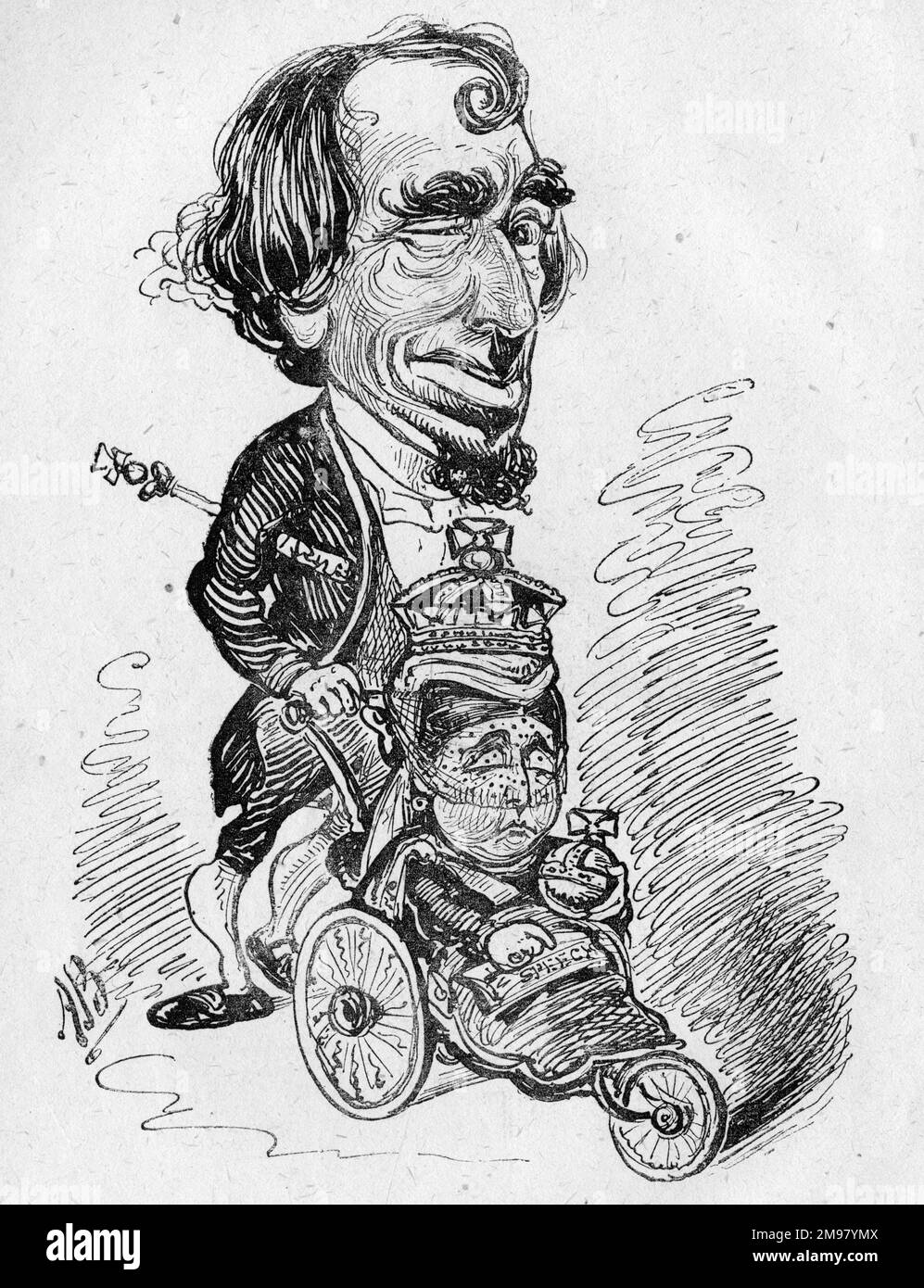Cartoon, Das Parlament Wird Eröffnet. Benjamin Disraeli fährt Königin Victoria in ihrem Badestuhl nach Westminster. Stockfoto