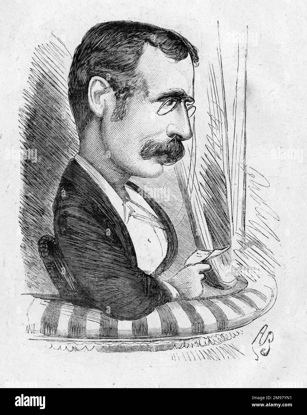 Cartoon, Clement William Scott (1841-1904), einflussreicher englischer Theaterkritiker, der für den Daily Telegraph und andere Zeitungen arbeitete. Er war auch Dramatiker, Texter, Übersetzer und Reisereferent. Hier in einer Theaterkiste gesehen. Stockfoto