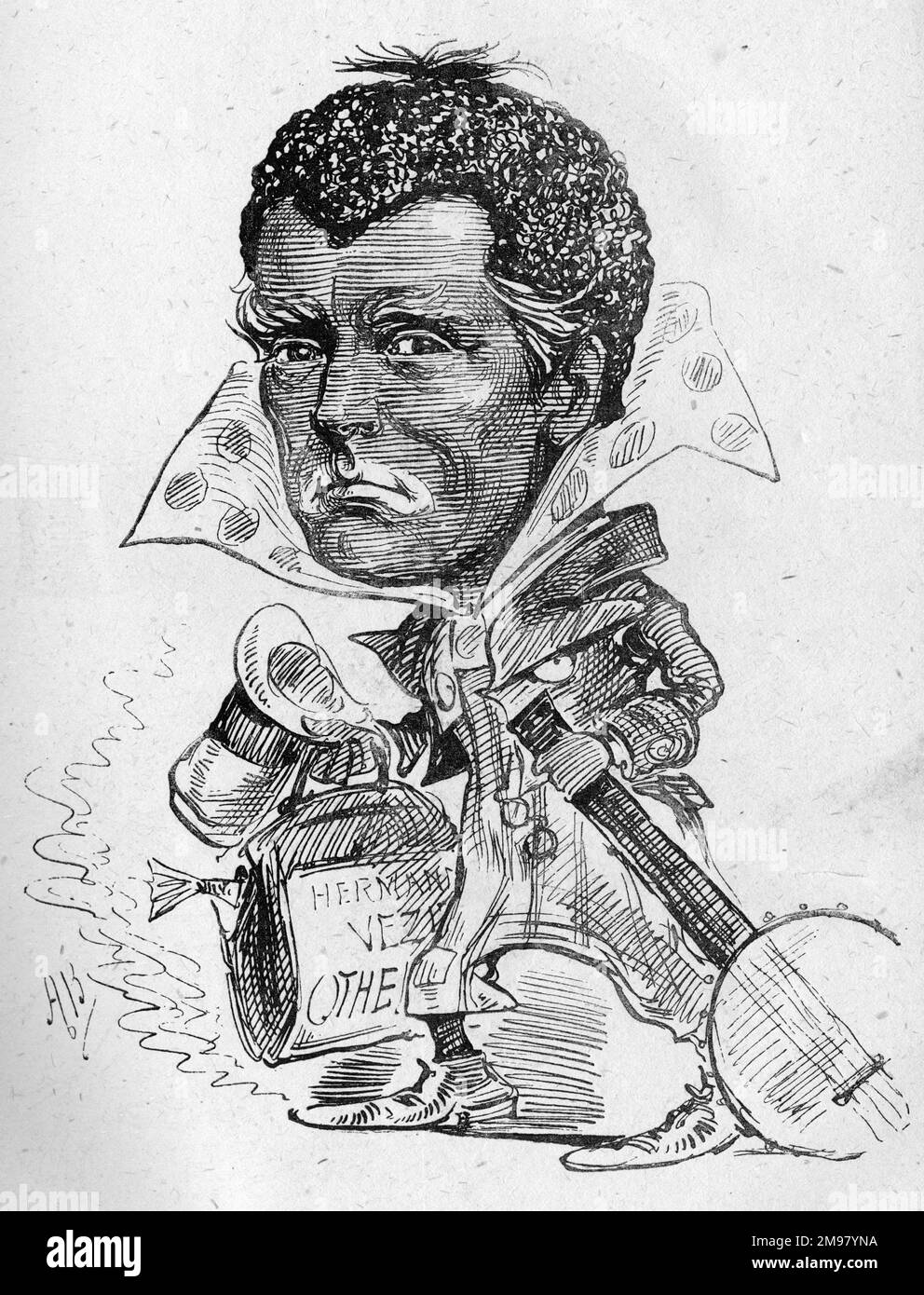 Karikatur von Hermann Vezin (1829-1910), in den USA geborener Schauspieler von Shakespeare, der im Vereinigten Königreich tätig ist. Zur Zeit dieses Cartoons war er in London und spielte die Rolle von Iago in Othello. Hier sieht man Schwärmereien im Gesicht als Minstrel mit einem Banjo. Stockfoto
