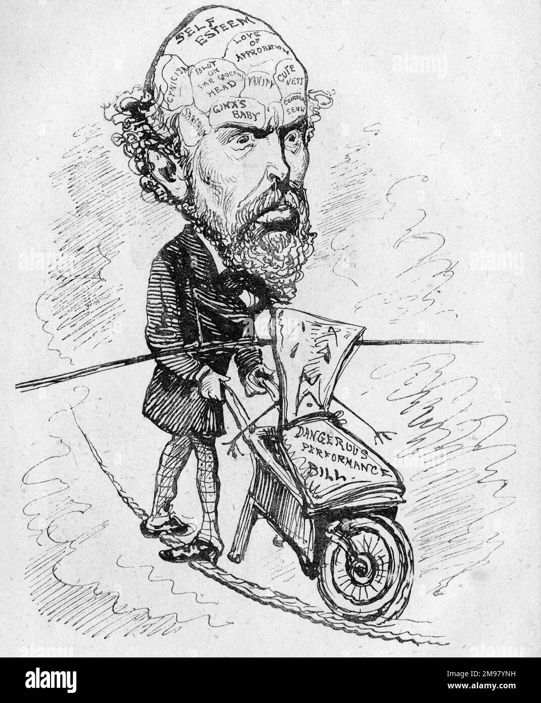 Karikatur von Edward Jenkins (1838-1910), englischer liberaler Abgeordneter, der ein parlamentarisches Gesetz einführte, um gefährliche akrobatische Darbietungen wie verschiedene Zirkusakte zu verhindern, als Reaktion auf den jüngsten Tod einiger der Darsteller. Das Gesetz wurde im März zurückgezogen, als eine allgemeine Wahl einberufen wurde. Stockfoto