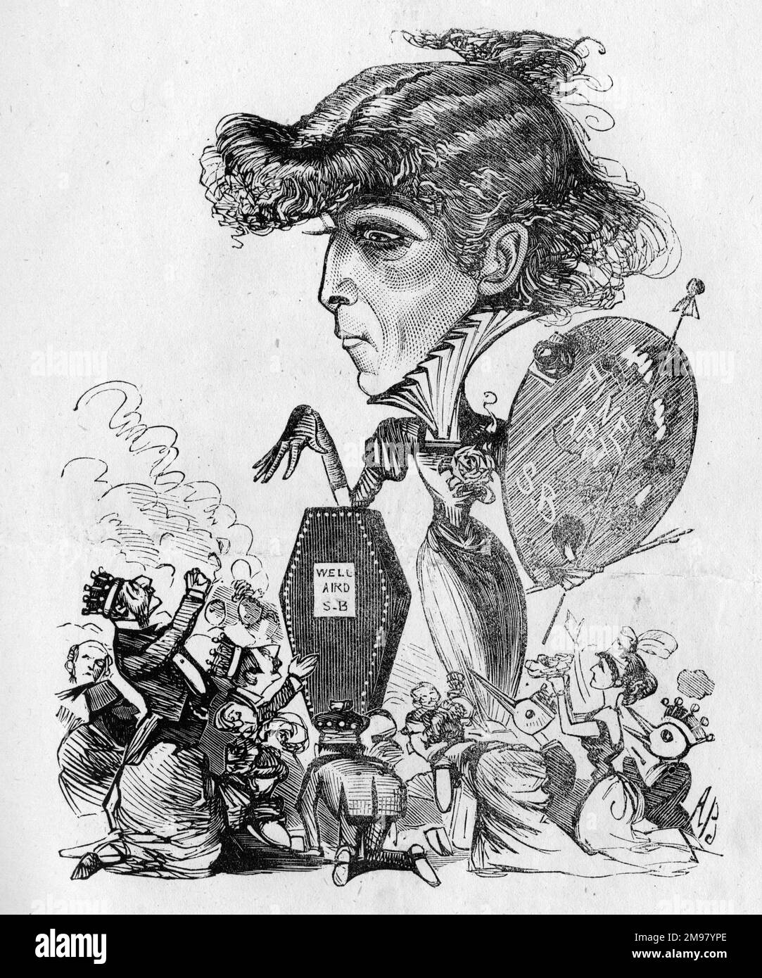 Karikatur von Sarah Bernhardt (1844-1923), legendäre französische Schauspielerin, beschrieben als: Schauspieler, Schriftsteller, Maler, Bildhauer, universelles Genie, Schöpfer und Großhändler. Hinweis: Abendpartys waren anwesend. Stockfoto