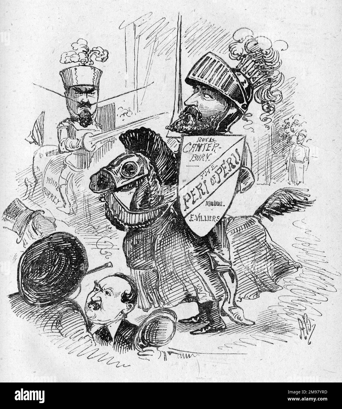 Cartoon, Eine dramatische Darbietung, zeigt rivalisierende Theatermanager, William Holland (links) und Robert Edwin Villiers (rechts), auf dem Pferderücken in Rüstung, die an einem mittelalterlichen Turnier teilnehmen. Stockfoto