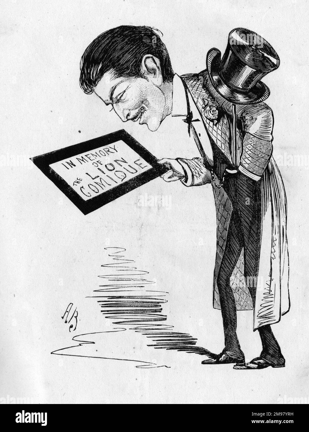 Cartoon von George Leybourne (1842-1884), britischer Musiksänger, beschrieben als Löwenkomique, berühmt für sein Lied Champagne Charlie. Es scheint, dass sein Tod fälschlicherweise angekündigt wurde. Stockfoto