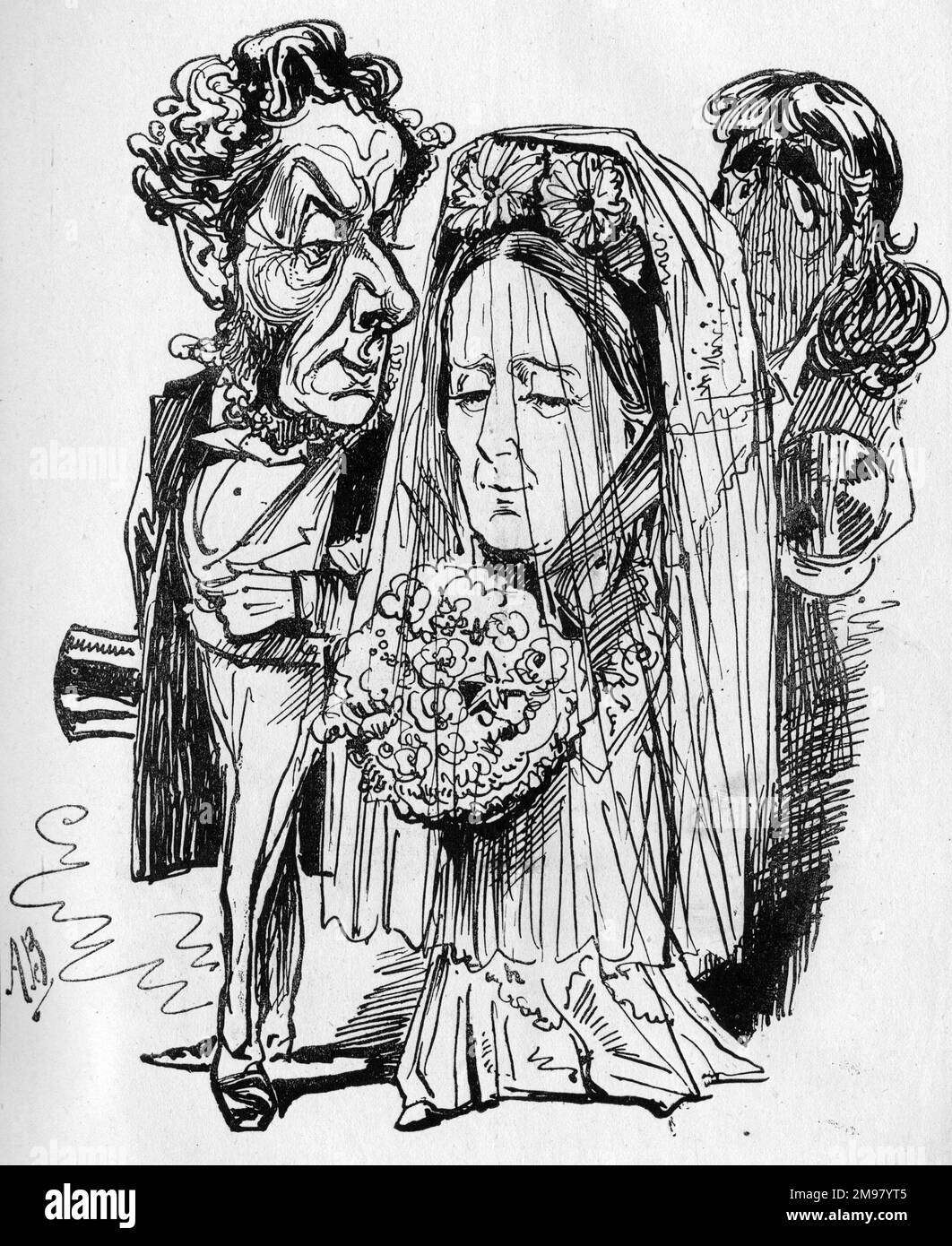 Cartoon, Hochzeitsszene mit dem legendären Schauspieler Henry Irving im Hintergrund. Die Brautwahl, Besser Spät Als Nie. Stockfoto