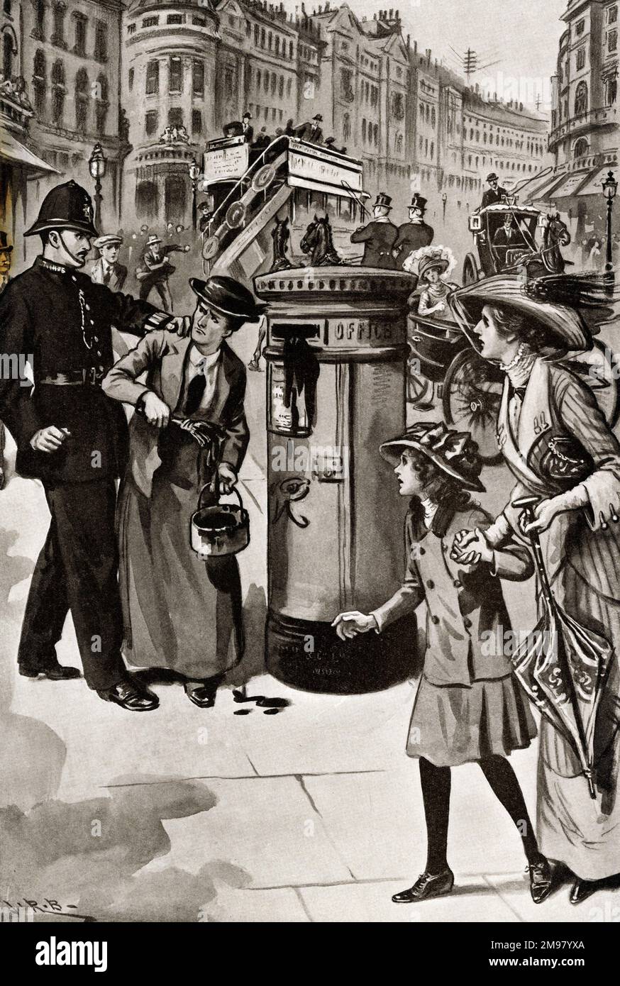 Illustration: Vicky sieht, wie ein Suffragette verhaftet wird. Stockfoto