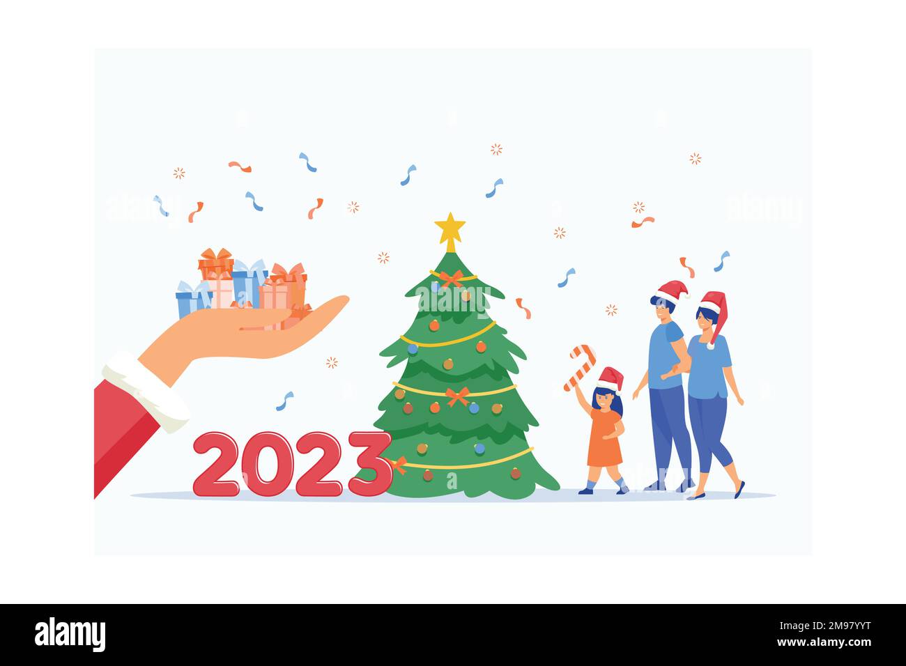 Santa Claus Hand gibt Geschenke. 2023-Jahres-Zahlen auf traditionellem Weihnachtsbaum. Glückliche Familie, weihnachtsfeier. Neujahr, Winterferien, horizontal b Stock Vektor