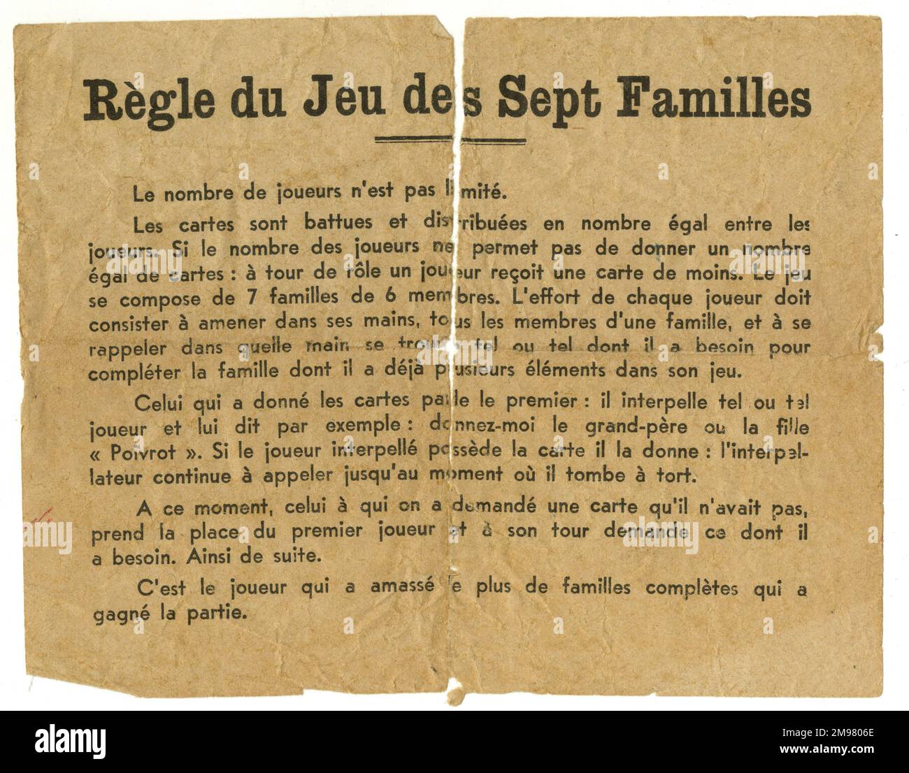 French Happy Families (Le Jeu des Sept Familles) - Regeln und Anweisungen. Stockfoto