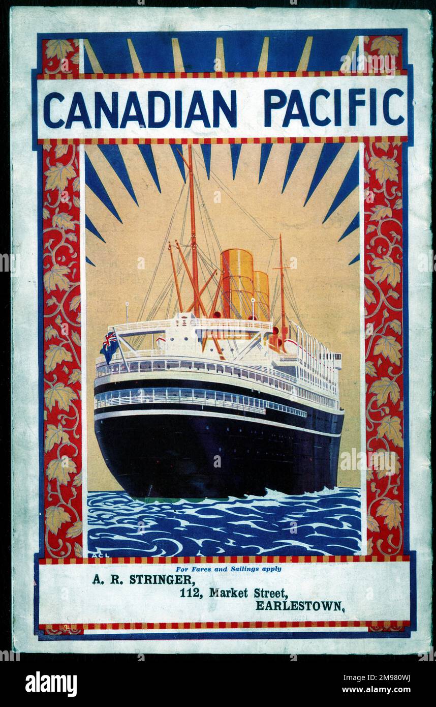 Rückseite der Broschüre, kanadischer Pazifik, mit Angaben des Reisebüros: A R Stringer, Market Street, Earlestown (Merseyside). Stockfoto