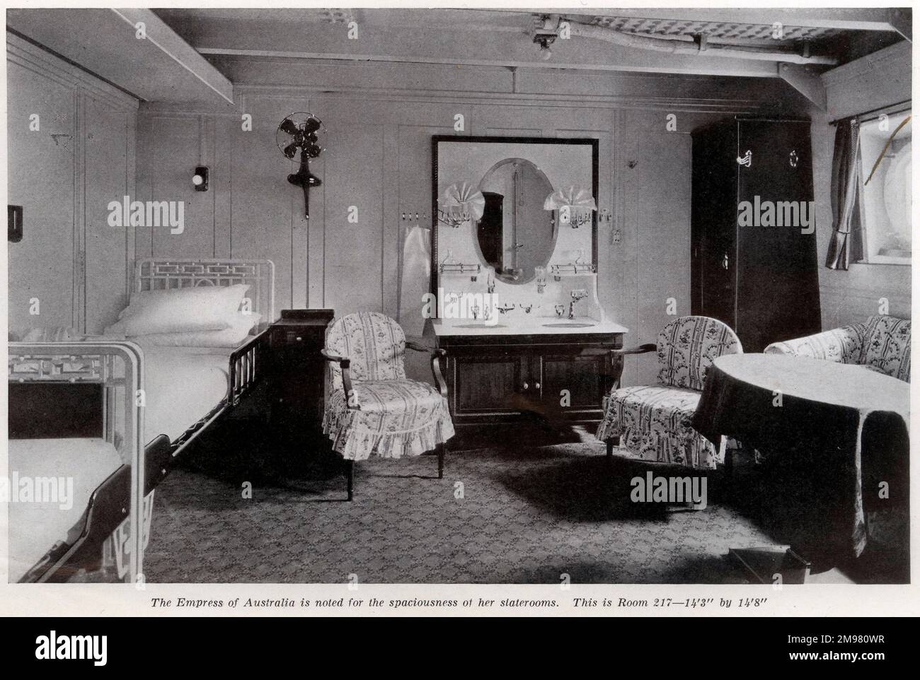 Privatzimmer 217 auf dem Kreuzfahrtschiff des kanadischen Pazifiks, Empress of Australia. Stockfoto