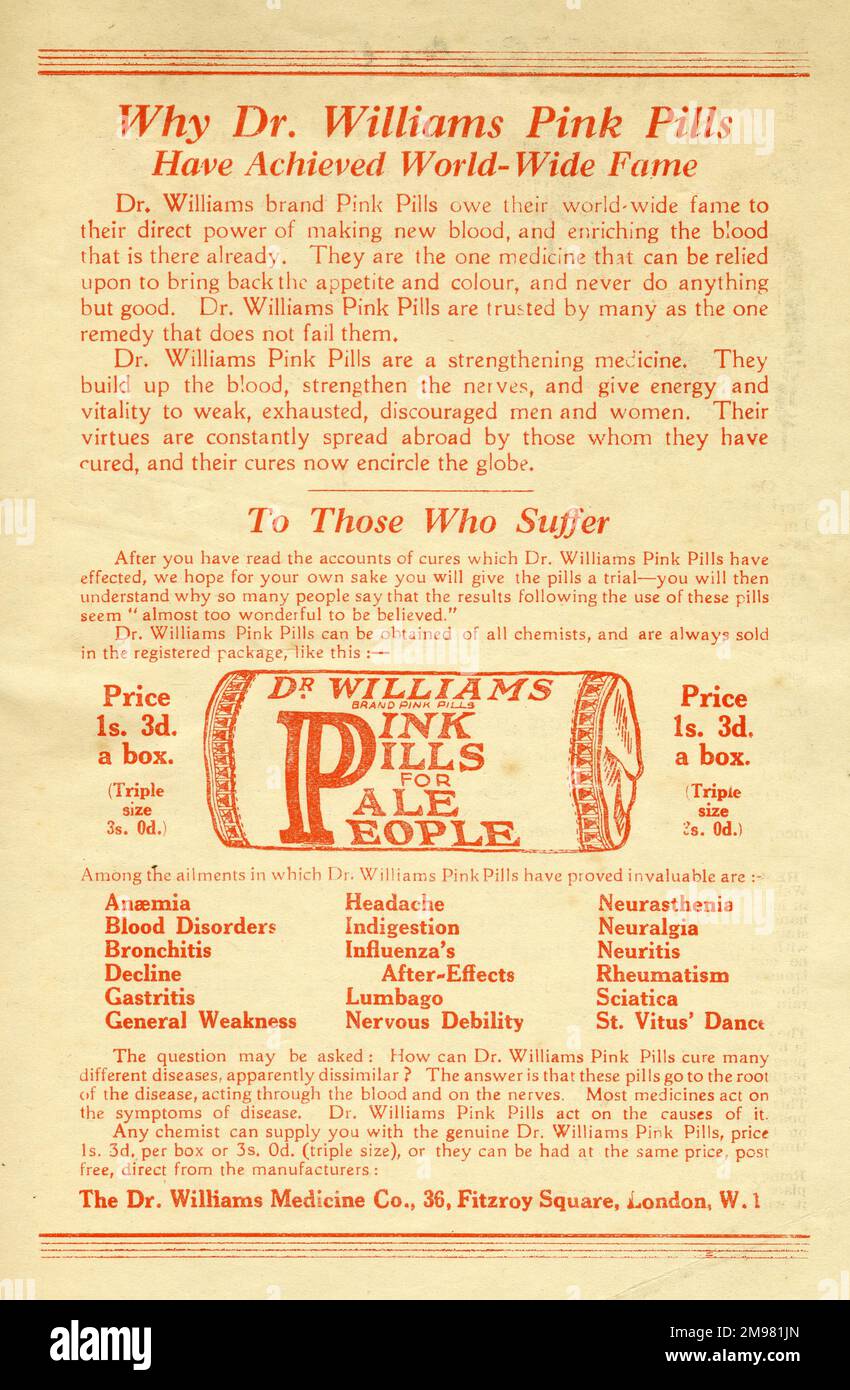 Informationsbroschüre für Dr. Williams rosa Pillen für blasse Menschen. Die Patentmedikamente enthielten Eisenoxid und Magnesiumsulfat. Für eine Vielzahl von Erkrankungen, einschließlich Anämie, Blutkrankheiten, Bronchitis, Gastritis, allgemeine Schwäche, Kopfschmerzen, Verdauungsstörungen, Lumbago, Nervenschwäche, Neurasthenie, Neuralgie, Neuritis, Rheumatismus, Ischias, Veitstanz. Stockfoto