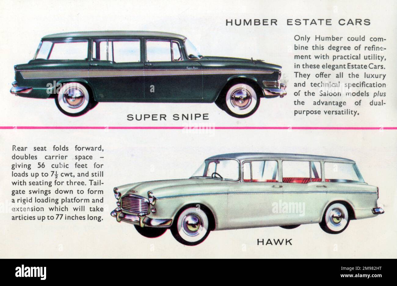 Zwei Humber Estate Autos, die in einer Broschüre von Humber, Hillman und Sunbeam Rootes Motors Limited beworben werden - der „Hawk“ und der „Super Snipe“. Stockfoto