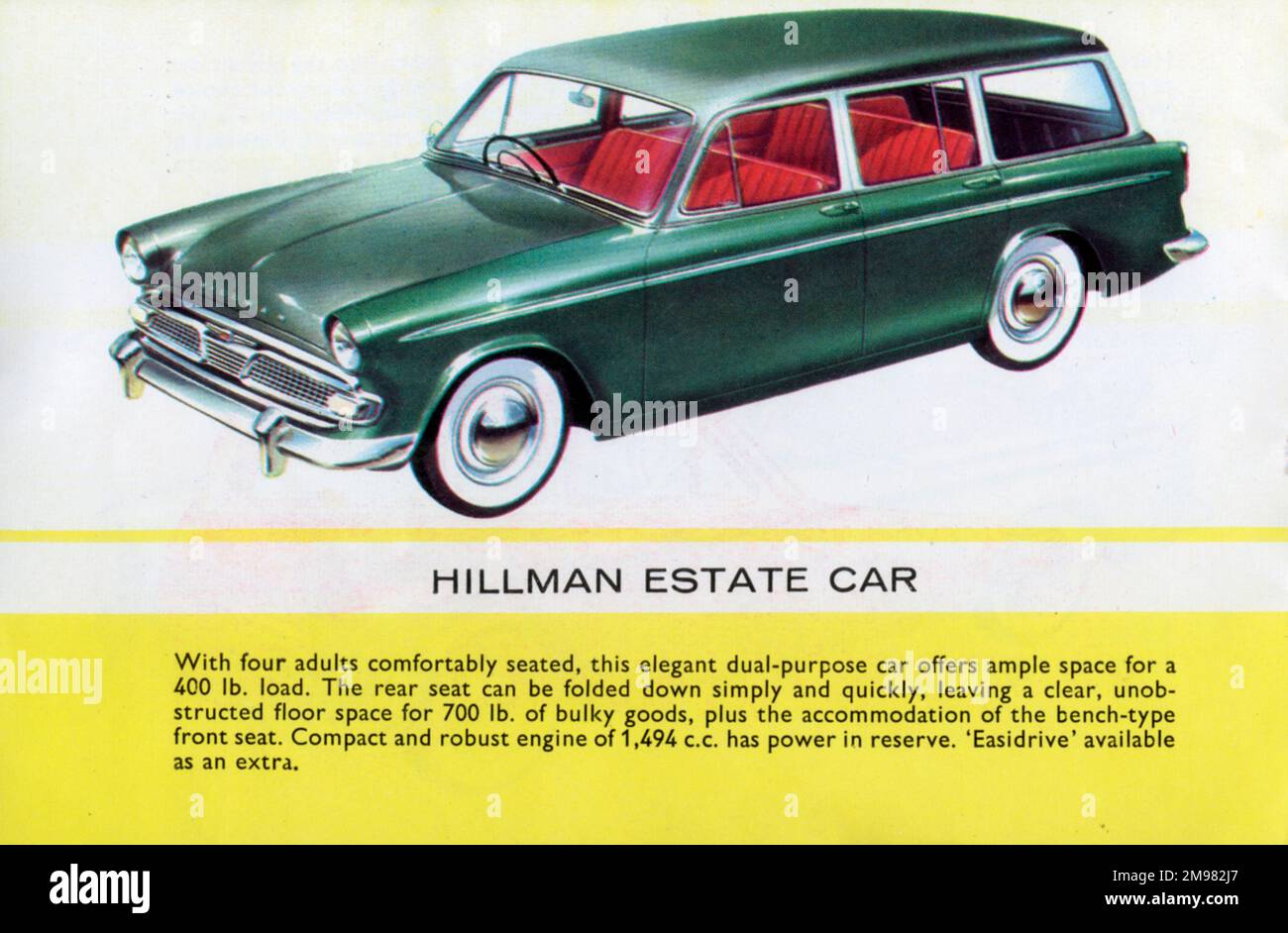 Ein Hillman Estate Auto mit Innenausstattung aus rotem Leder und dunkelolivgrüner Verkleidung, für das in einer Broschüre von Humber, Hillman und Sunbeam Rootes Motors Limited geworben wird. Stockfoto