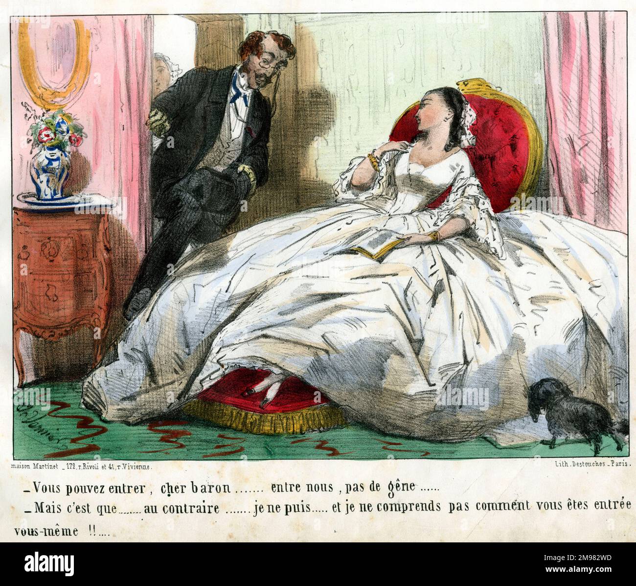 Modes Pour Rire von Charles Vernier -- Eine Frau in einem riesigen weißen Crinolinkleid sitzt auf einem Thronstuhl und lädt den Baron nach Kommen Sie herein. ein Er versucht vorsichtig über ihr Kleid zu treten, hat Probleme, in den Raum zu kommen, und fragt sich, wie sie selbst reingekommen ist. Stockfoto