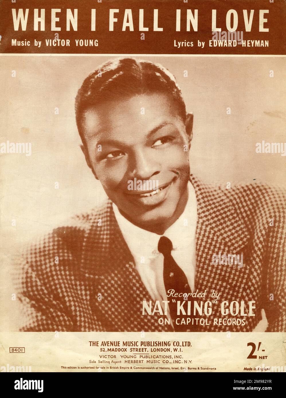 Musikcover, When I Fall in Love, Musik von Victor Young, Words von Edward Heyman, aufgenommen von Nat King Cole in Capitol Records. Stockfoto