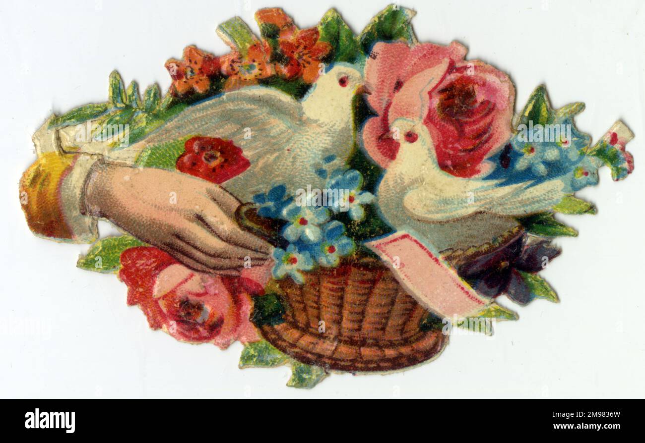 Viktorianischer Chromolithographenschrott - Tauben und Blumen. Stockfoto