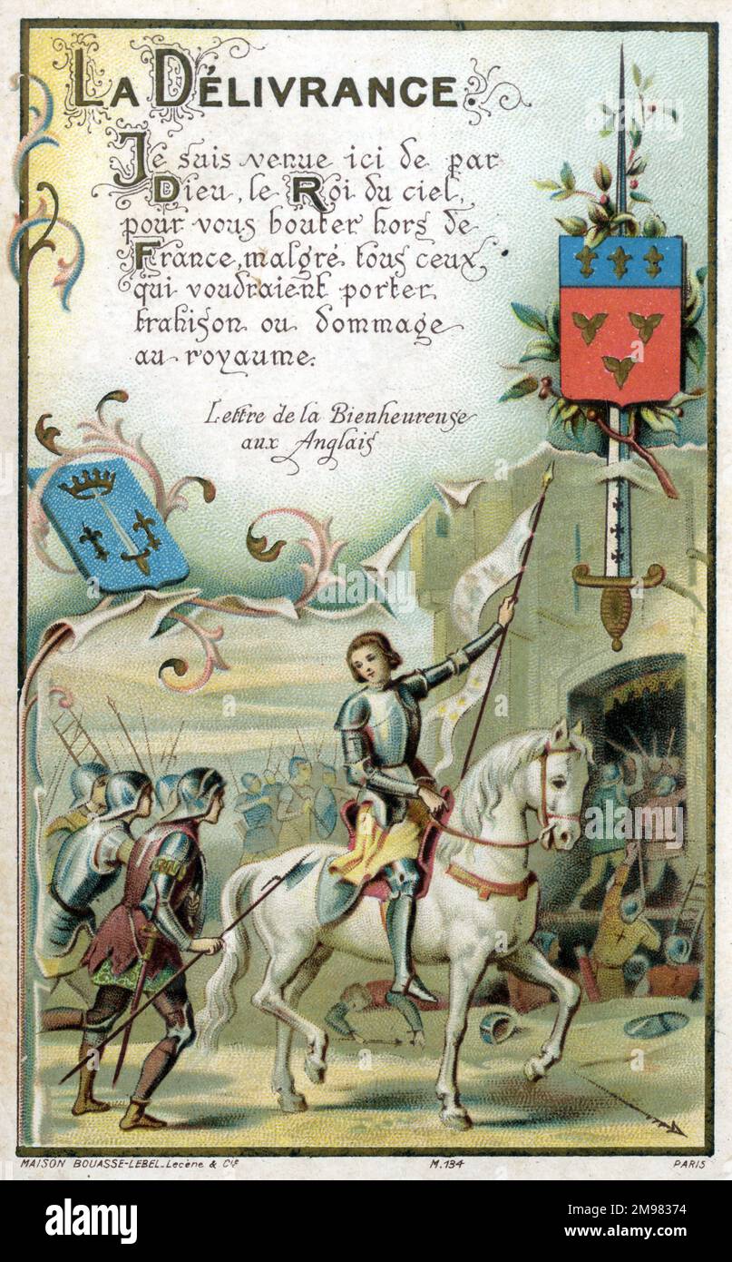 Chromolithograph devotional Card, auf der Jeanne d'Arc am 29. 1429. April nach Orleans kommt. Stockfoto