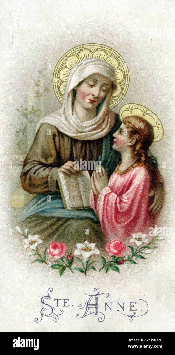 Chromolithograph devotional Card, die Saint Anne (1. Jahrhundert v. Chr.) - die Mutter der Jungfrau Maria darstellt. Souvenirkarte für die Erstkommunion 1911. Stockfoto