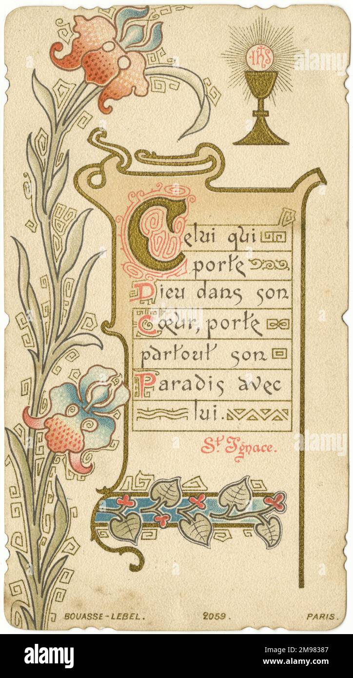 Chromolithograph devotional Card - First Communion of Denice Thoores in der Kapelle der Damen der Heiligen Union der Heiligen Herzen (la chapelle des Dames de la Sainte-Union des Sacres-Coeurs) in Dünkirchen am 28. Mai 1903 Stockfoto