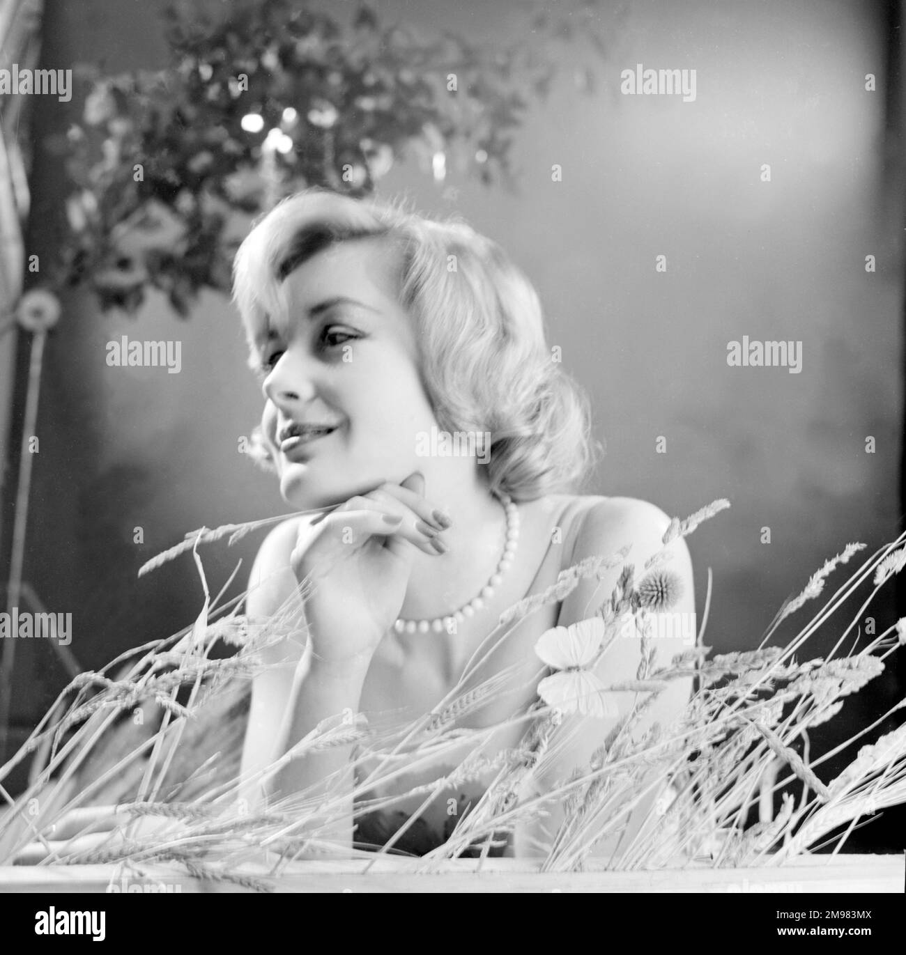 Werbung für Nivea Shampoo -- weibliches Model (Sandra Paul), das im Gras posiert. Stockfoto