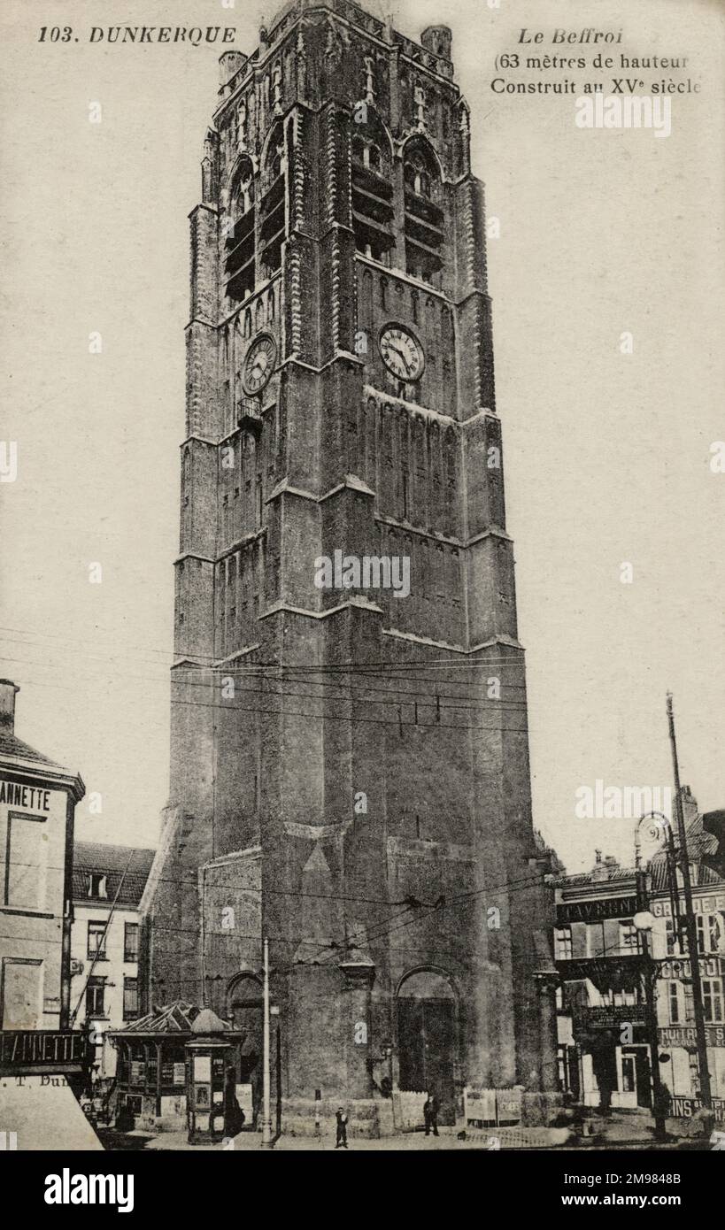 Dünkirchen, Frankreich - der St. Eloi Belfry (Beffroi Saint Eloi), der seit der Abbrannung der St. Eloi Kirche, an der er 1558 befestigt war, ein freistehender Glockenturm ist. Stockfoto