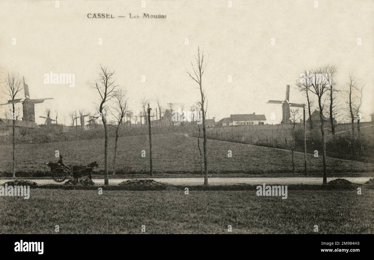 Cassel, Frankreich: Ein Pferdewagen fährt über die Felder und Wege und blickt auf eine ferne Gruppe von Windmühlen und Bauernhäusern. Dies sind Postwerke aus dem 16. Bis 18. Jahrhundert. Stockfoto