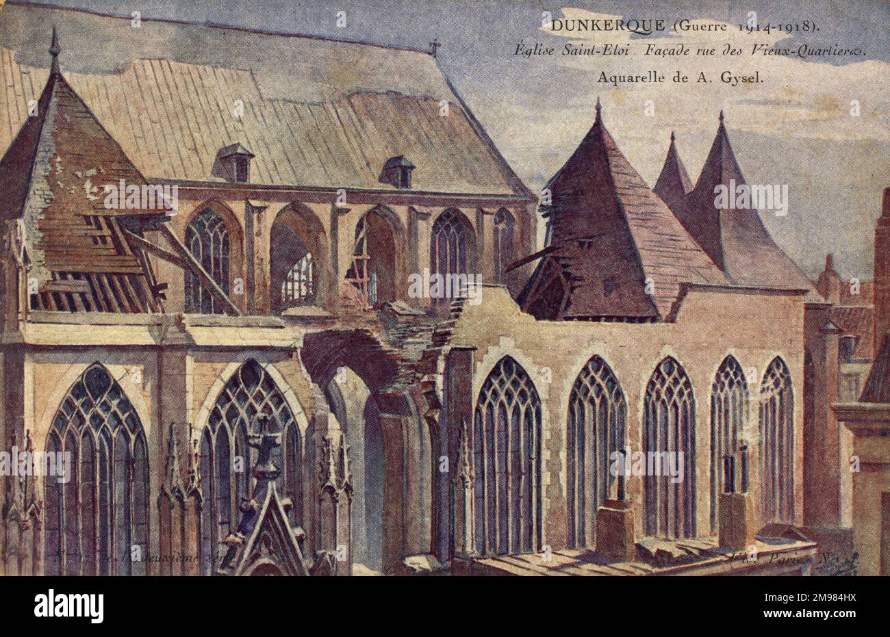 Gemälde der Fassade der Kirche Saint Eloi, gegenüber der Straße in der Altstadt von Dünkirchen in Frankreich, mit Schäden durch den Bombenanschlag von WW1. Stockfoto