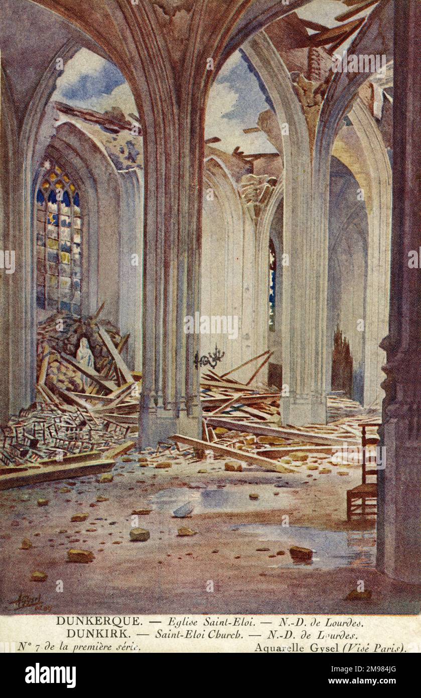 Die Kirche Saint Eloi befindet sich in der nordfranzösischen Stadt Dünkirchen (Dunkerque) und wurde durch die Bombardierung von WW1 beschädigt. Stockfoto