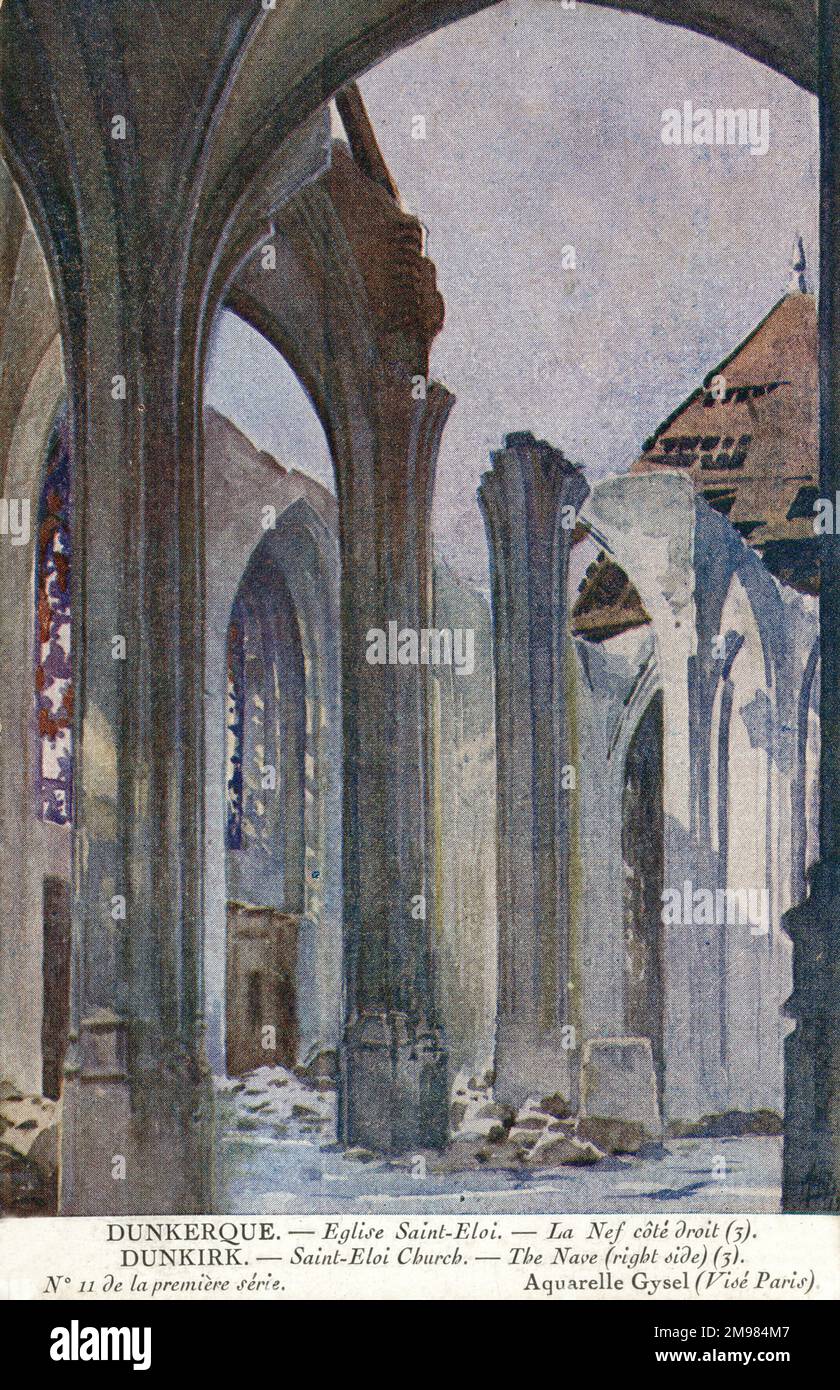 Die rechte Seite des Kirchenschiffes Saint Eloi befindet sich in der nordfranzösischen Stadt Dünkirchen (Dünkirchen) und zeigt Schäden durch die Bombardierung von WW1. Stockfoto