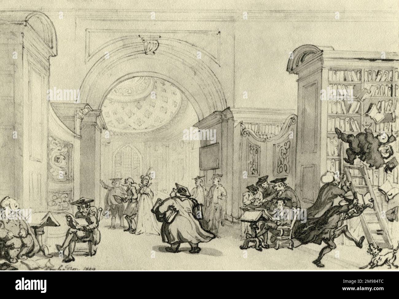 Watercolour: West Room und der Dome Room der Old University Library, Cambridge. 1800 von Thomas Rowlandson, Fitzwilliam Museum. Eine humorvolle Aquarelle von Akademikern in der Bibliothek mit Chaos durch einen Hund und eine Leiter. Stockfoto