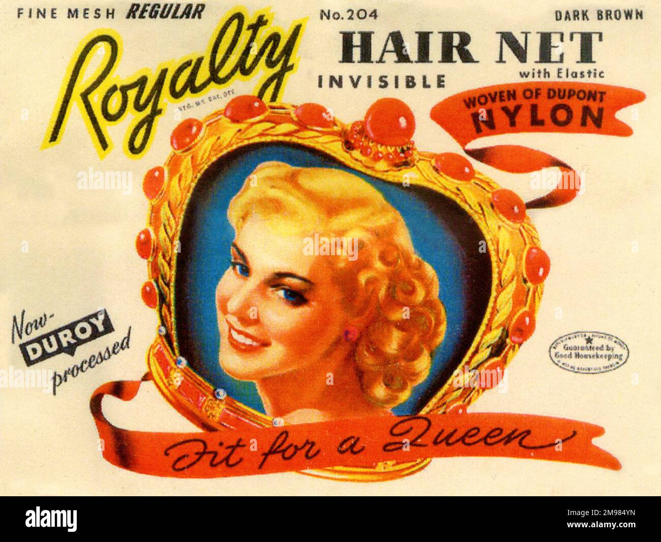 Vintage Haarnetz Verpackung - Royalty Invisible Haarnetz mit Elastik - Gewebe aus DuPont Nylon - New Duroy PROCESSED - "Fit for a Queen" ! Stockfoto