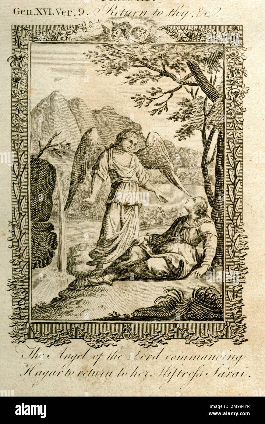 Der Engel des Herrn befiehlt Hagar, zu ihrer Geliebten Sarah zurückzukehren - Thomas Bankes Bibel, Genesis 16,9. Stockfoto