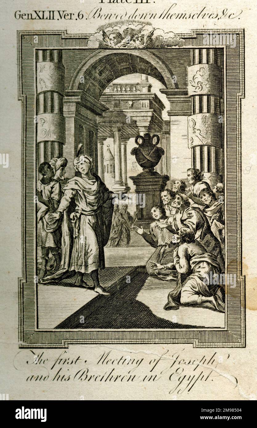 Erstes Treffen von Joseph und seinen Brüdern in Agypten - Thomas Bankes Bibel, Genesis 42,6. Stockfoto