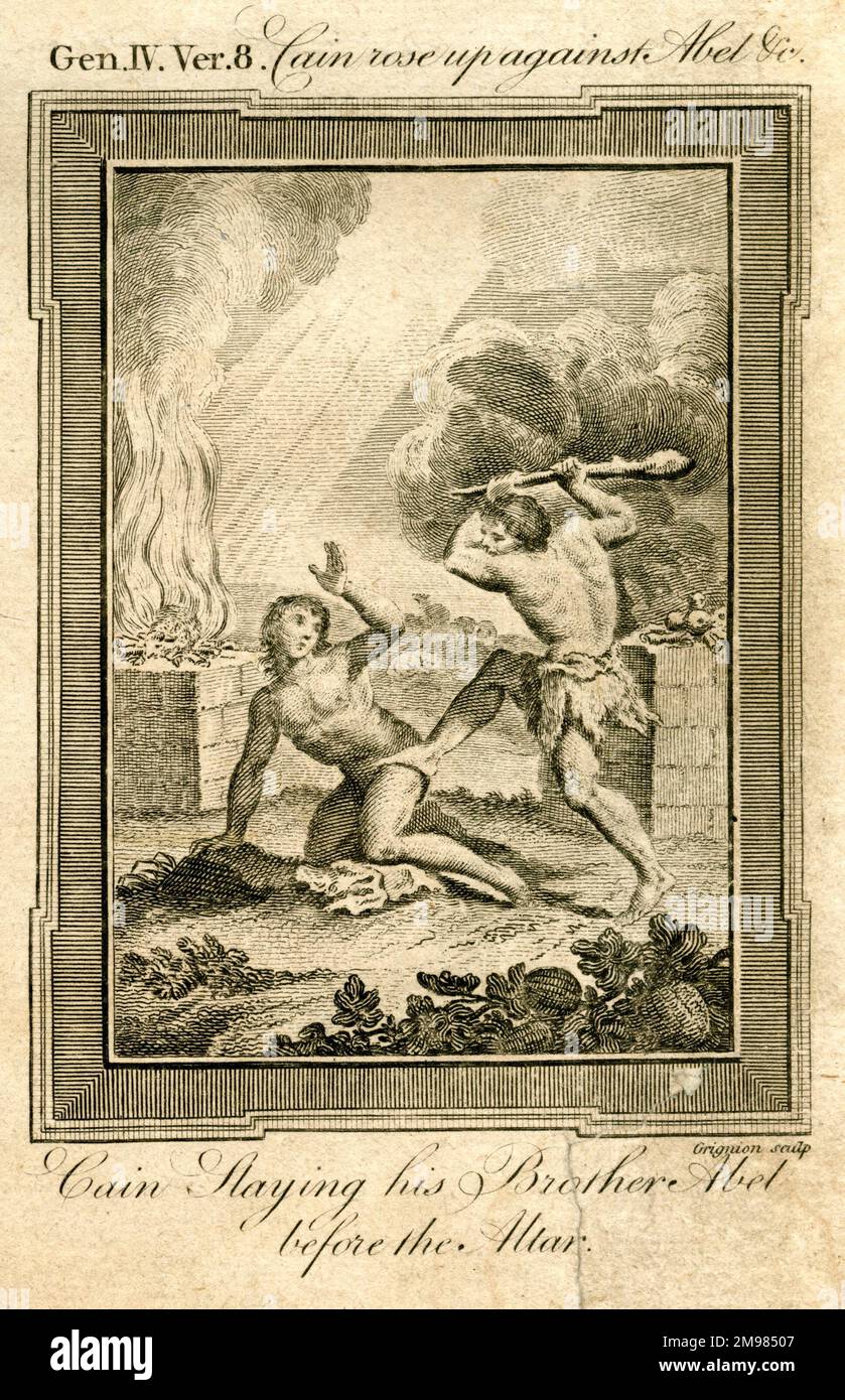 Kain tötet seinen Bruder Abel vor dem Altar - Thomas Bankes Bibel, Genesis 4,8. Stockfoto