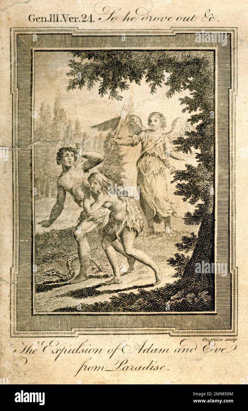 Die Vertreibung von Adam und Eva aus dem Paradies - Thomas Bankes Bibel, Genesis 3,24. Stockfoto