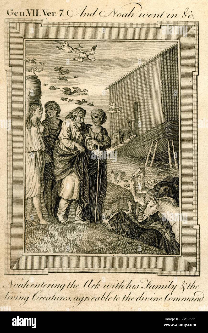 Noah betritt die Arche mit seiner Familie und den Lebewesen, die dem göttlichen Kommando entsprachen - Thomas Bankes Bibel, Genesis 7,7. Stockfoto