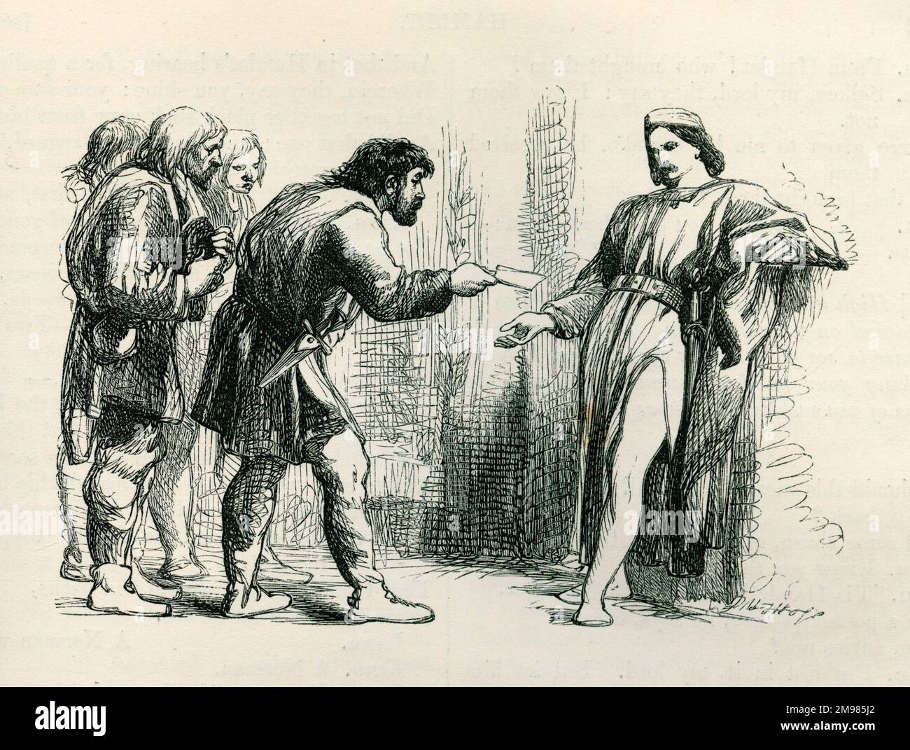 Hamlet - eine Gruppe Matrosen bringt Horatio einen Brief von seinem Freund Hamlet. Stockfoto