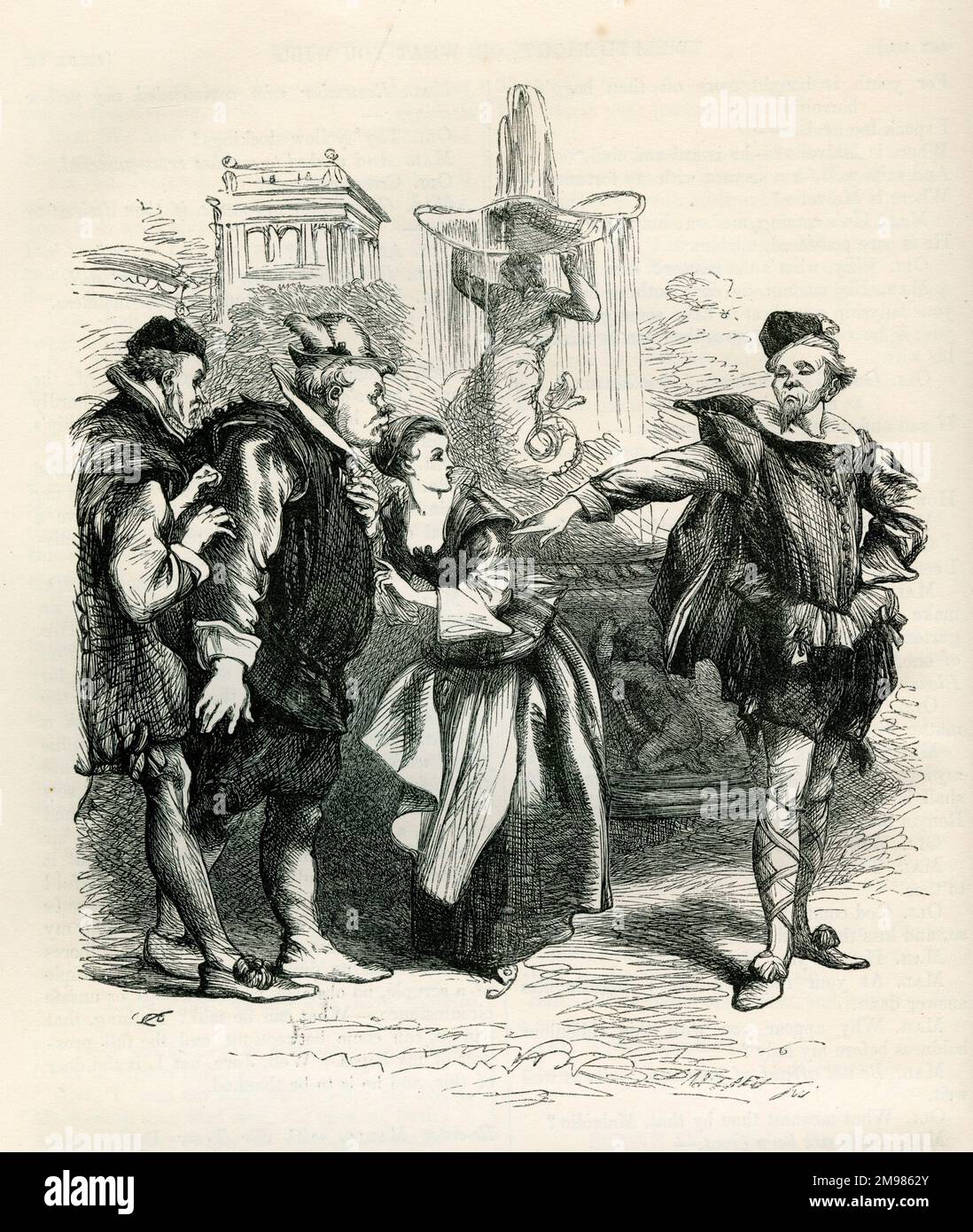 Zwölfte Nacht - Malvolio wird dazu gebracht, Kreuzbänder und gelbe Strümpfe zu tragen, um Olivia zu beeindrucken. Stockfoto