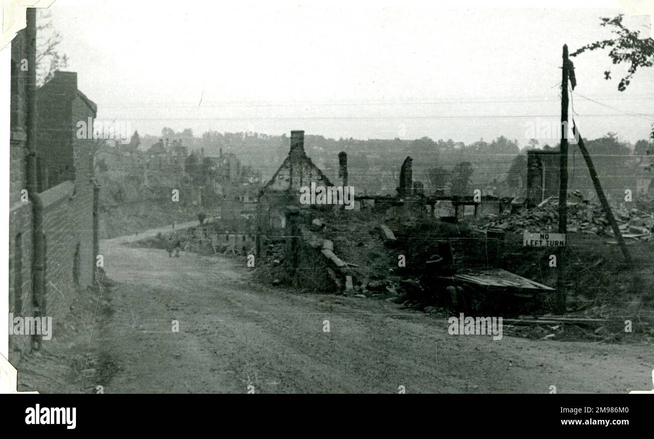 Blick auf einen verwüsteten Saint-Lo, Normandie, Frankreich, nach der Schlacht um die Normandie (9-24. Juli 1944), die auf die D-Day Invasion folgte. Stockfoto