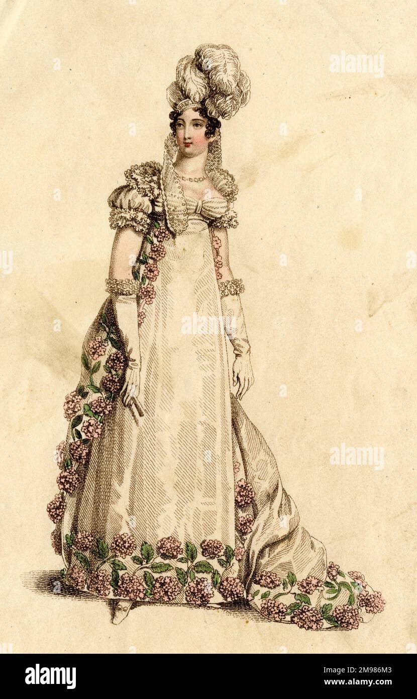 Frau im Regency-Stil, weißes Kleid mit Blumen. Stockfoto