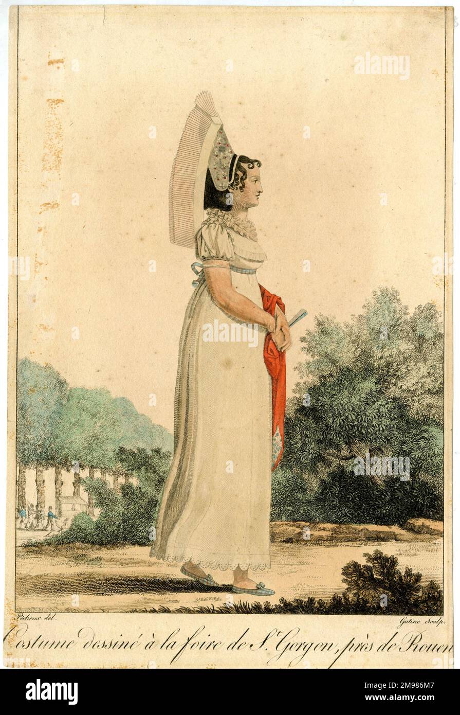 Frau in georgianischem Kleid -- entworfen auf dem Jahrmarkt von Saint Gorgon, nahe Rouen, Frankreich. Stockfoto