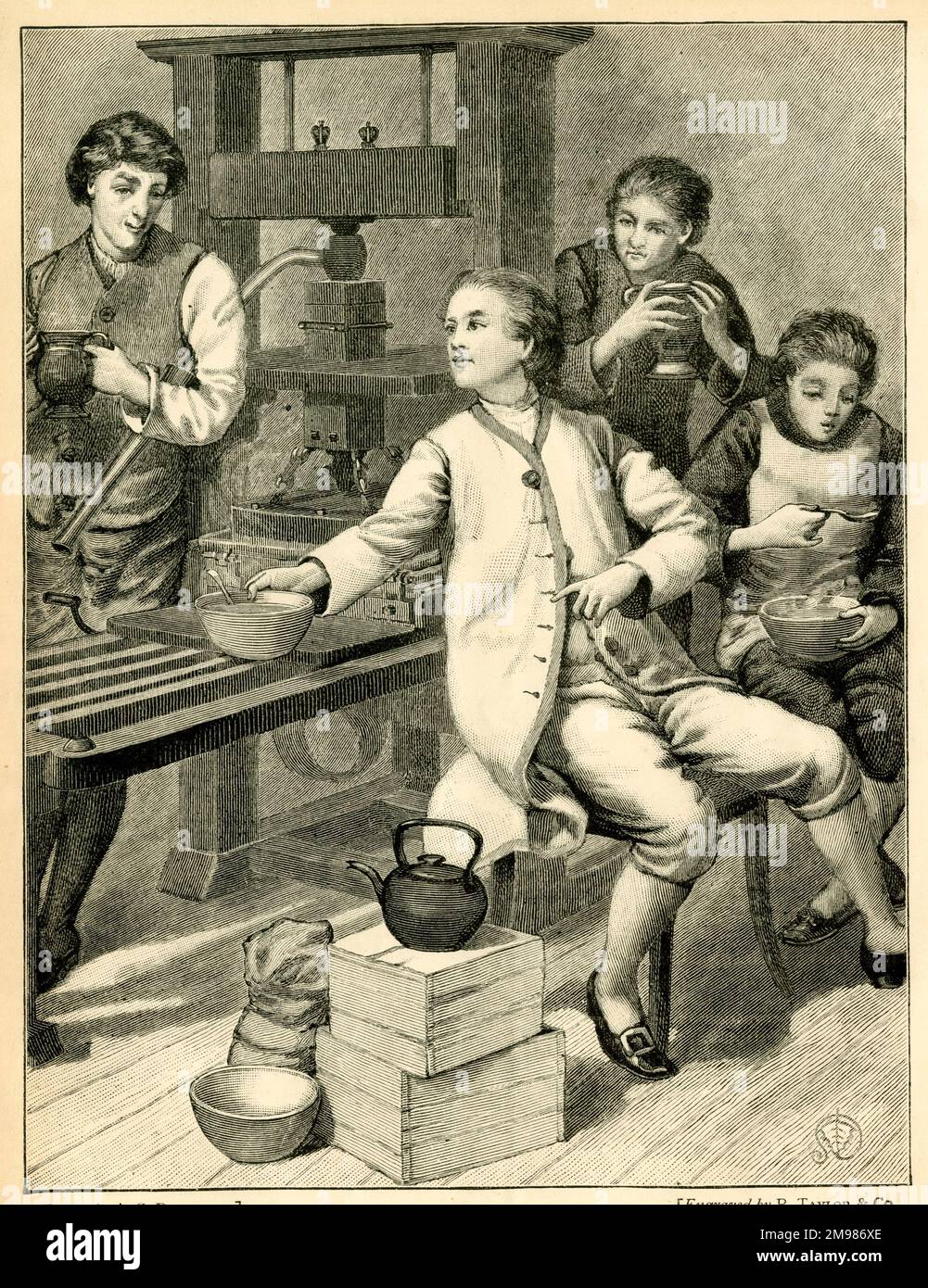 Ein Vorfall im Leben von Benjamin Franklin (1706-1790), als er als junger Mann in der Druckerei arbeitete. Stockfoto