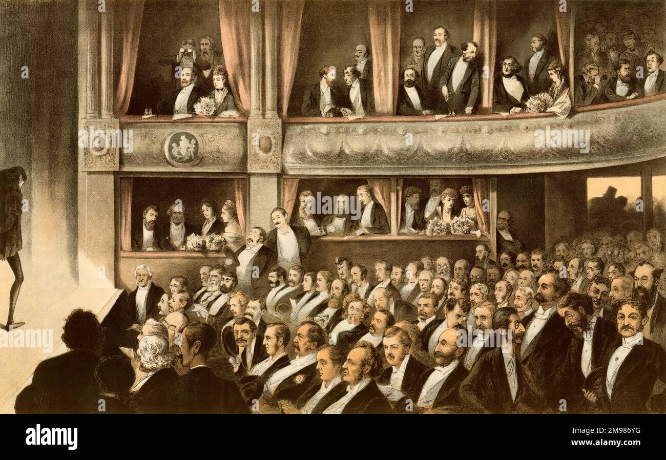 Abbildung, im Play. Auf der Bühne des Lyceum Theatre, London, ist Henry Irving, wahrscheinlich in der Rolle von Hamlet. Zu den Zuschauern gehören der Prinz und die Prinzessin von Wales, Benjamin Disraeli, William Gladstone, der Marquis von Salisbury, Kardinal Manning, Frederick Leighton, Val Prinsep, Lillie Langtry, John Everett Millais, Lord Rosebery, W S Gilbert und Arthur Sullivan. (Siehe Schlüssel, 11075117) Stockfoto