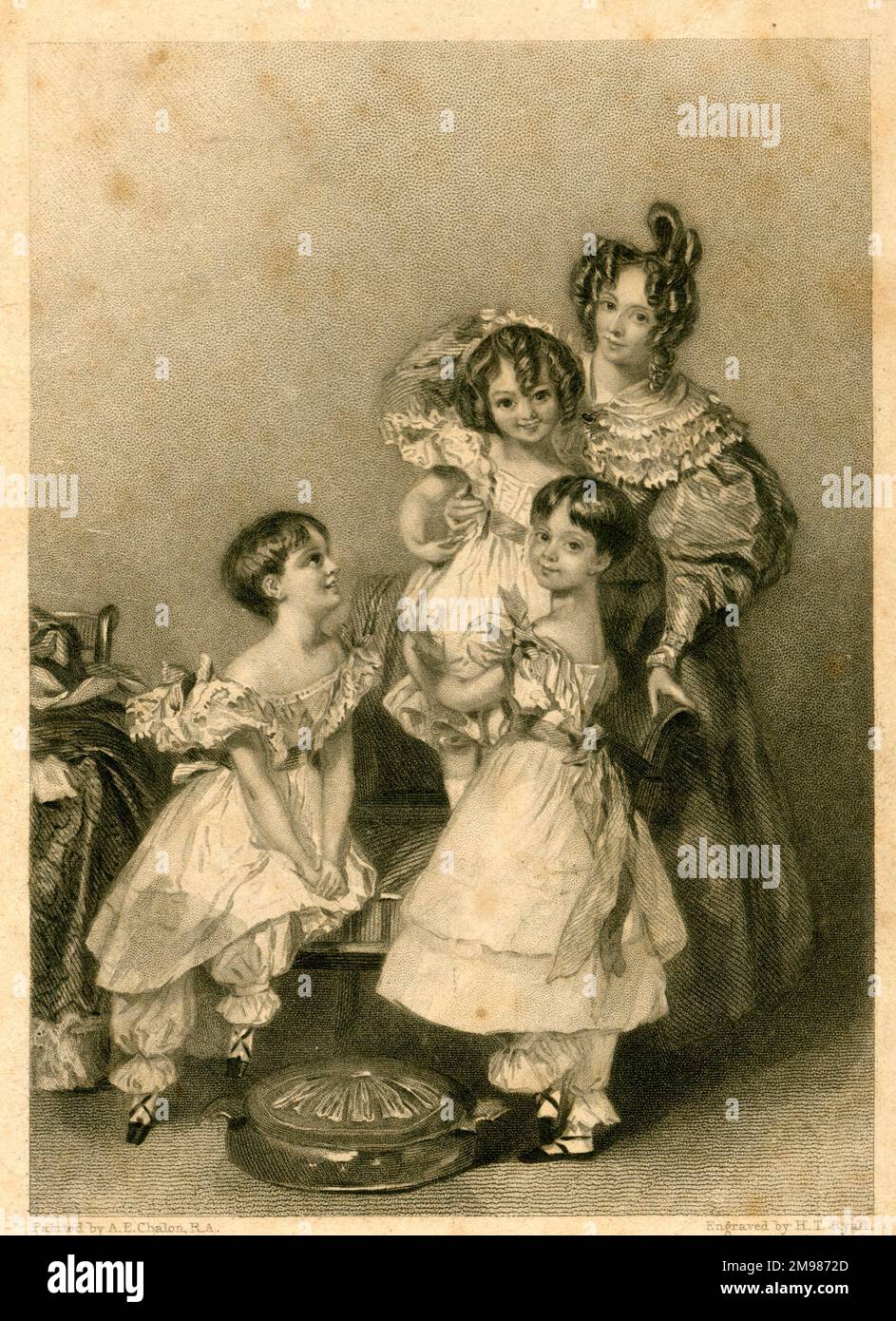 Kindheit -- eine Frau und ihre drei Kinder. Stockfoto