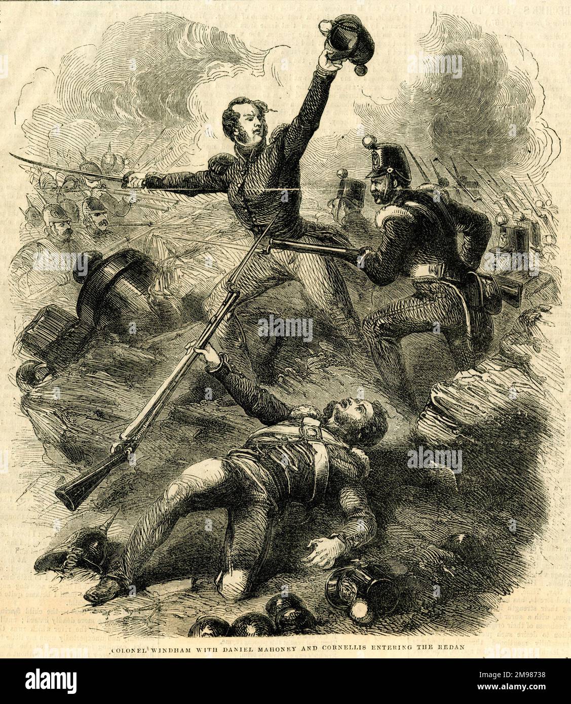 Krimkrieg -- britische Truppen treten in die Schlacht des Großen Redan ein -- Colonel Windham mit Daniel Mahoney und Cornellis. Stockfoto