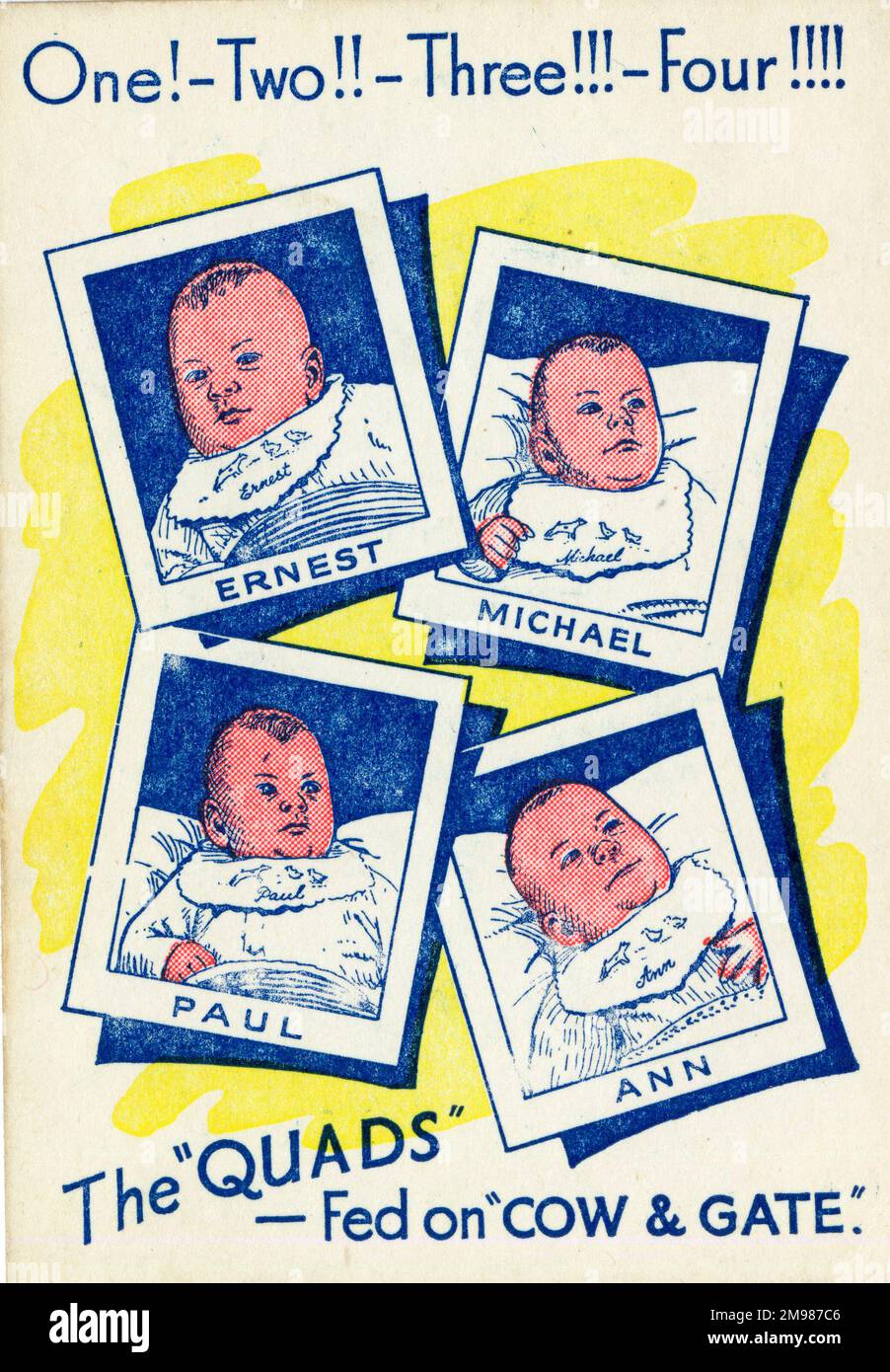 Kuh- Und Torknipser – Eine! - Zwei!! - Drei!!! - Vier!!!! - Die Miles-Vierlinge Ernest, Michael, Paul und Ann, geboren im November 1935. Stockfoto